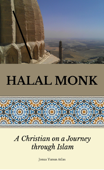 A book cover with a landscape on the top with 'Halal Monk' written beneath. A floral print lines the middle of the page with 'A Christian on a Journey through Islam' on the bottom. 