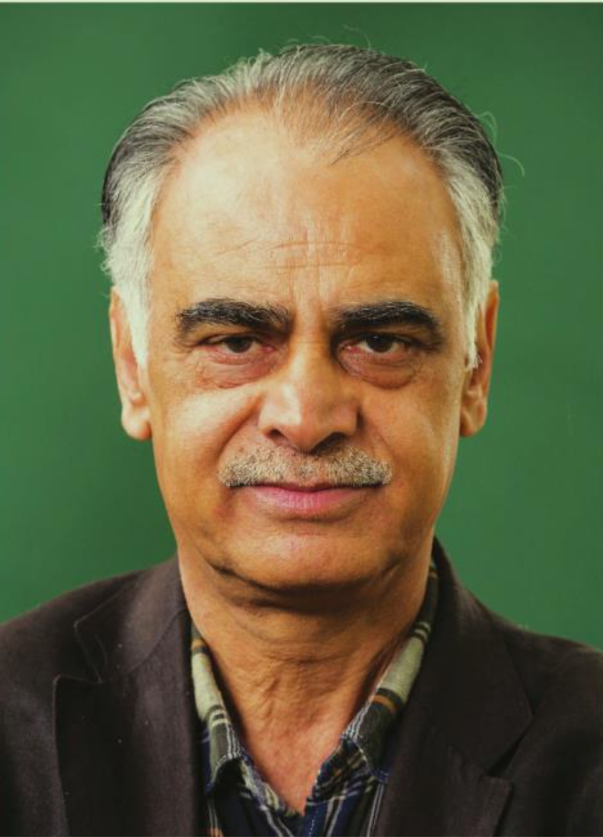 Headshot of Ziauddin Sardar, facing the camera, with a green background 